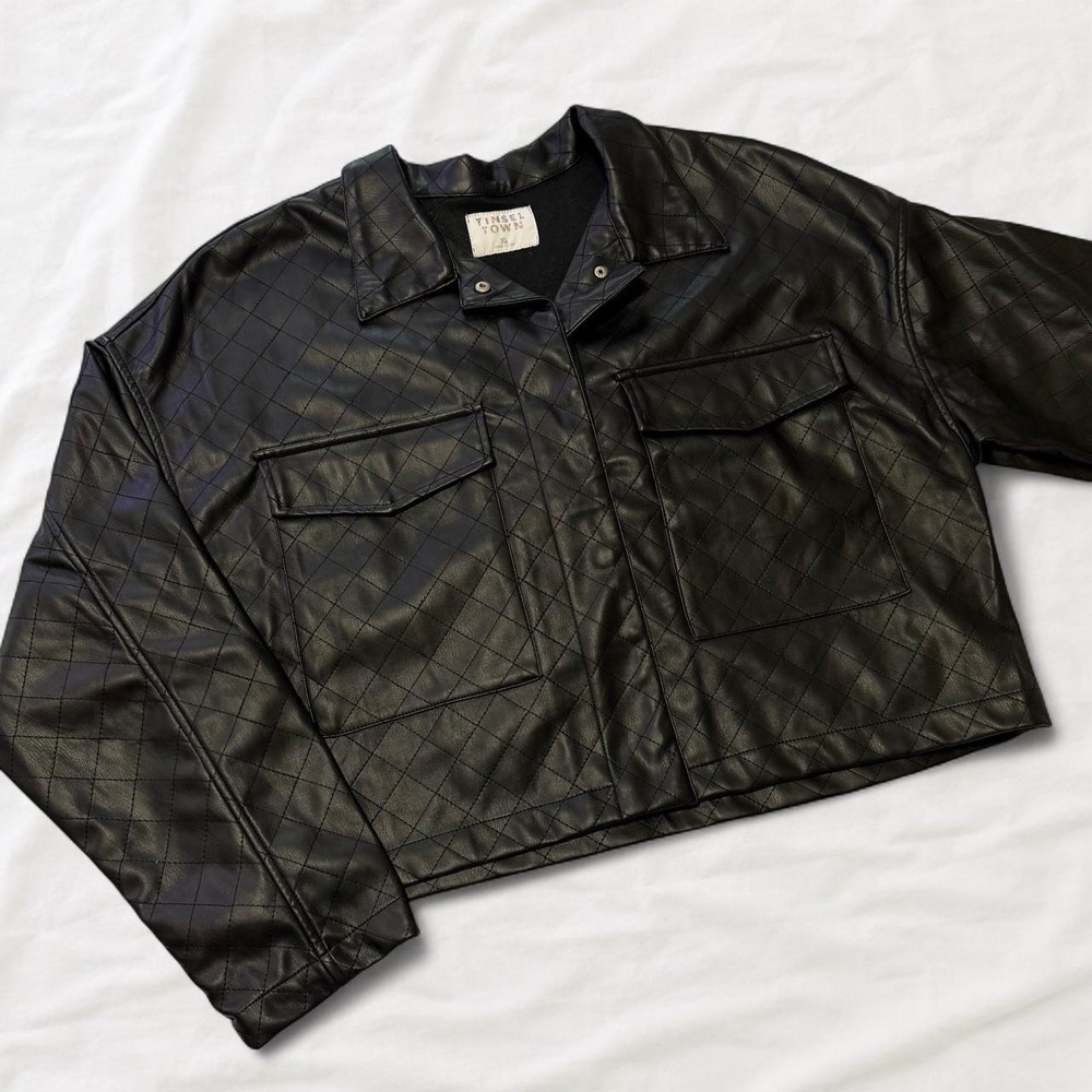 Tinsel Town Black Quilted Faux Leather Jacket Oversized Boxy Moto Shacket XL
